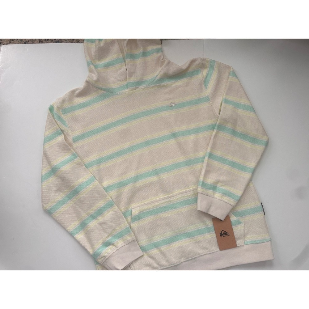 Quiksilver Boys XL 18/20 Striped Hoodie French Terry Mint Yellow Pullover New